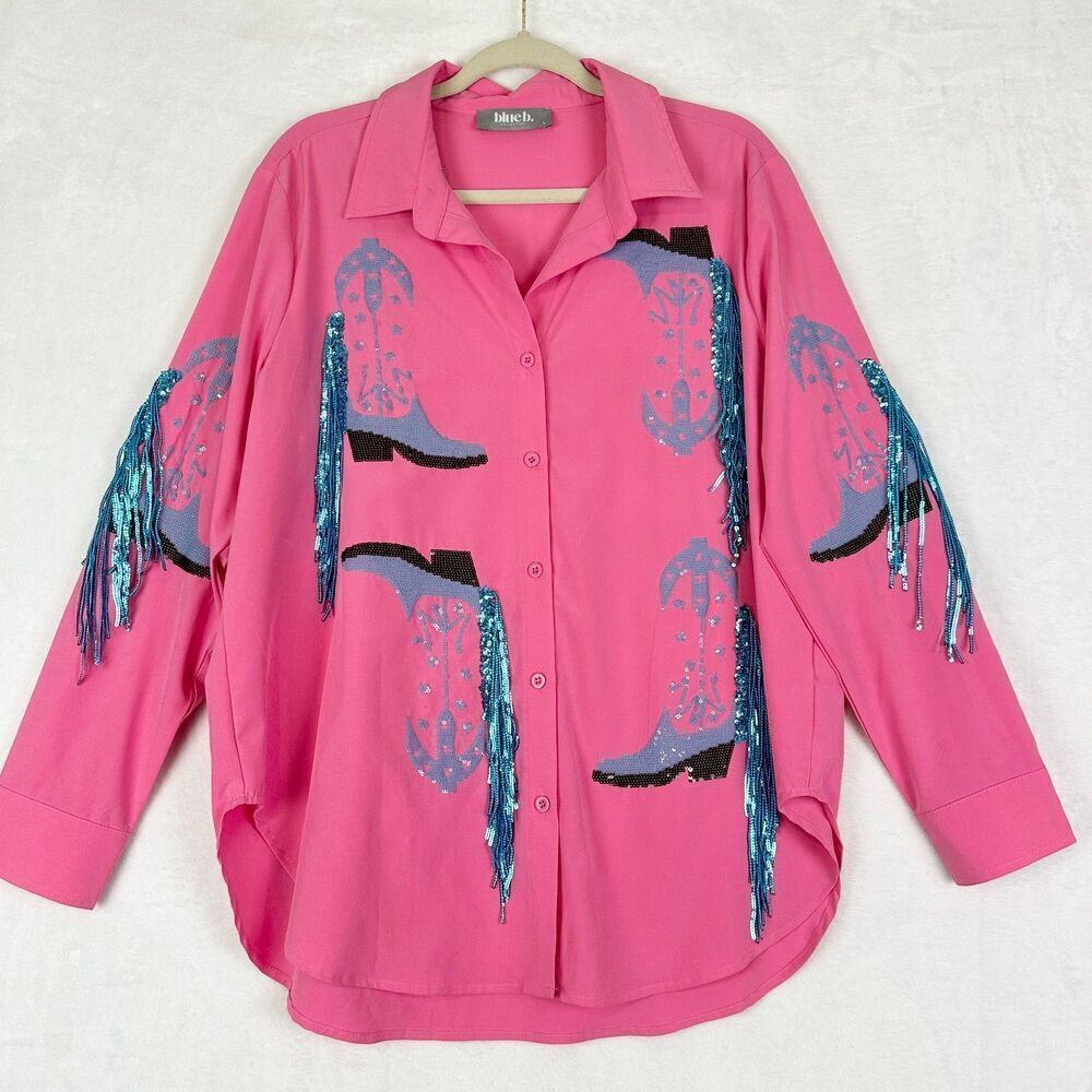 Blue B Western Cowboy Fringe Boots Shirt Size Large Rodeo Festival Sequin - Picture 2 of 7
